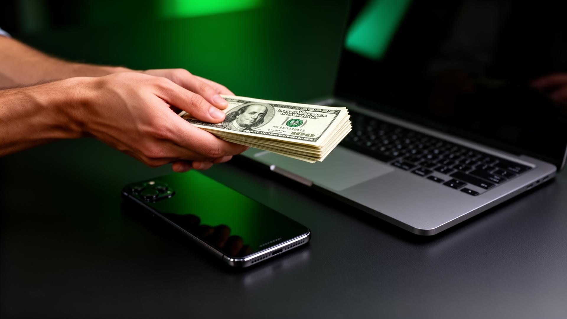 Hand offering cash next to a smartphone and laptop on a dark surface with green accent lighting