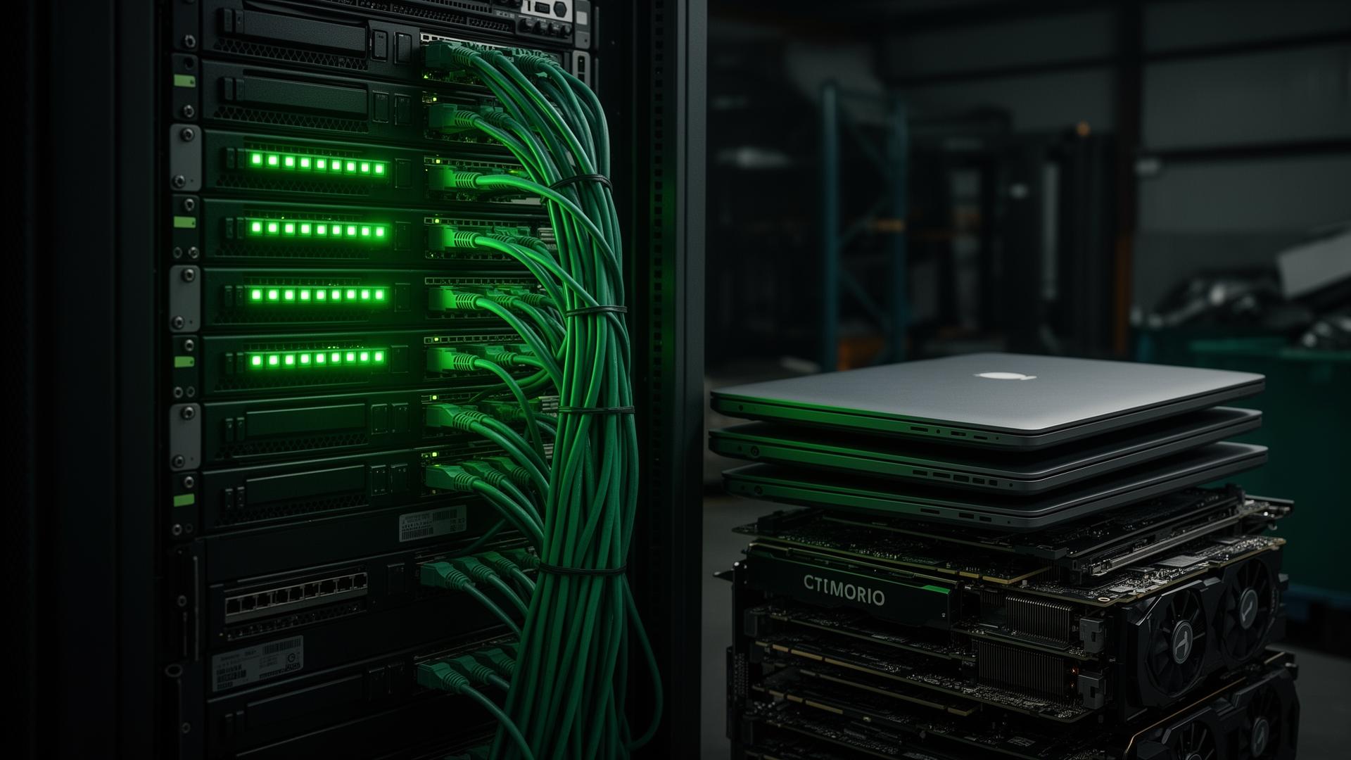 Server racks with glowing green network cables next to stacked laptops, GPUs and electronic components